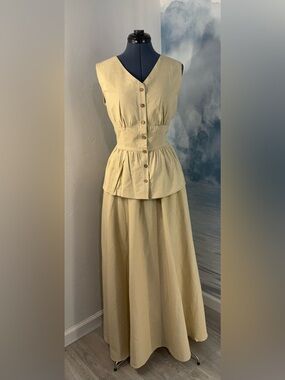 Sleeveless Khaki Button-Front Maxi Skirt Set (Women Skirts) #406